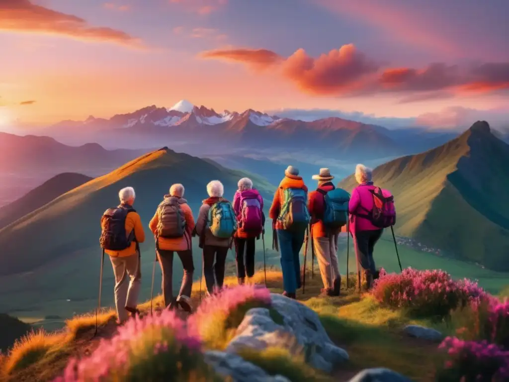 Grupo de viajeros senior en montaña Aventuras para viajeros senior en paisaje impresionante