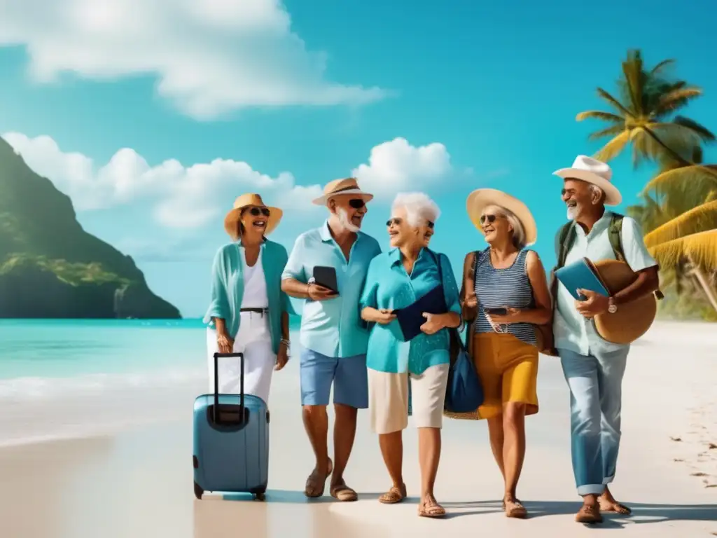 Seniors disfrutando de viaje aventurero Viajeros senior disfrutan de una playa paradisíaca con cielo azul y palmeras
