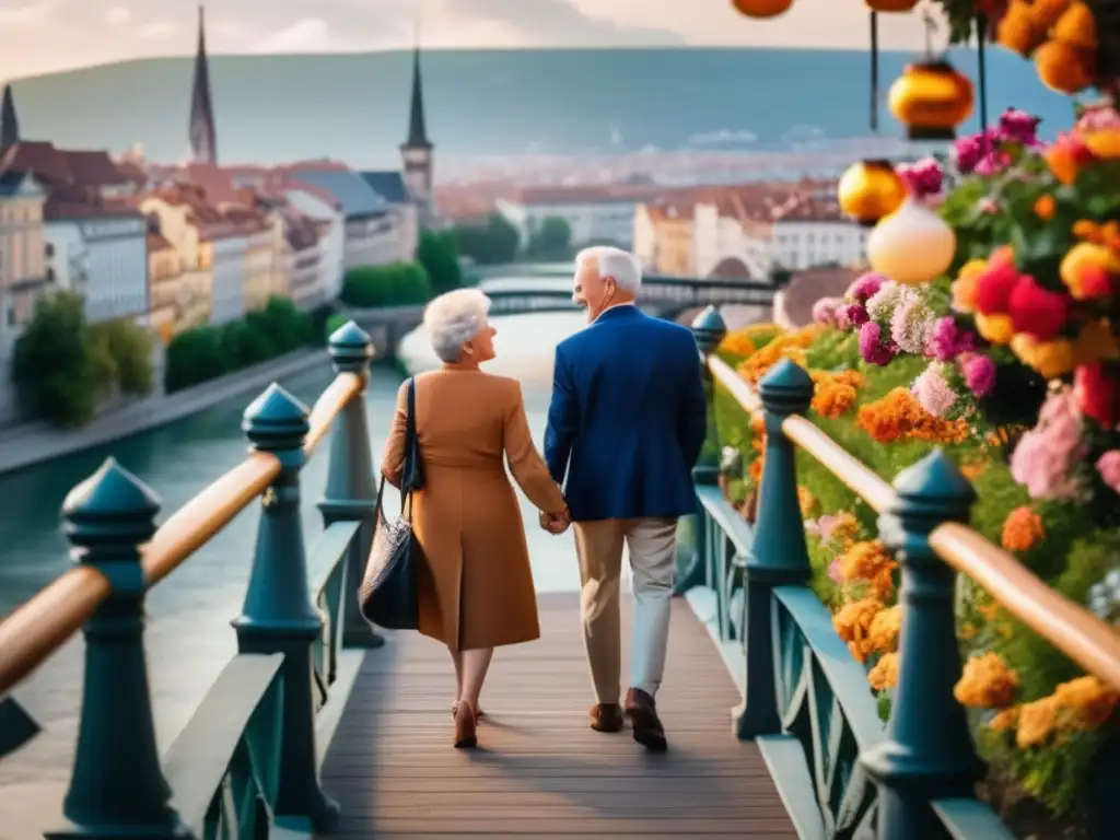 Pareja de viajeros mayores en puente europeo Destinos seguros para viajeros seniors en Europa, pareja elegante en un puente con flores y ciudad encantadora