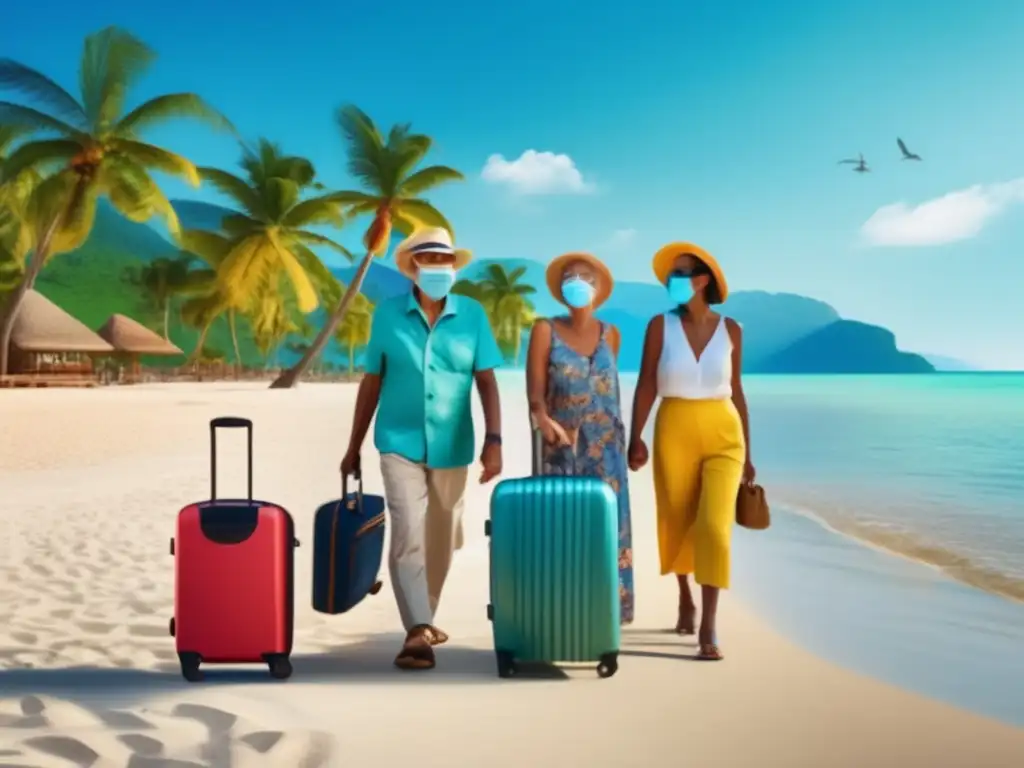 Ancianos viajeros explorando un destino paradisíaco Grupo de viajeros mayores disfrutan de playa paradisíaca, llevando mascarillas - Seguros de viaje para mayores durante la COVID19