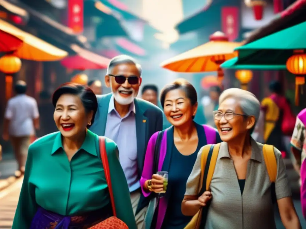 Exploración de Asia: Viajeros mayores en una ciudad vibrante Viajes seguros para seniors en Asia