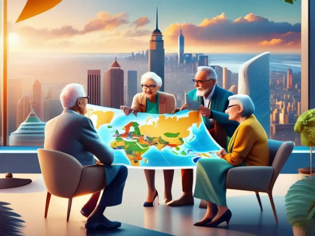 Planificación de viaje para ancianos Consejos viajes seguros tercera edad: emocionantes planes, moderna ciudad, viajeros mayores felices y mapa