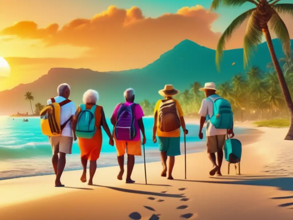 Viajeros mayores explorando destino exótico Seguros de viaje para mayores enriquecedoras: Grupo de ancianos explorando destino vibrante, playa de arena, agua turquesa y palmeras