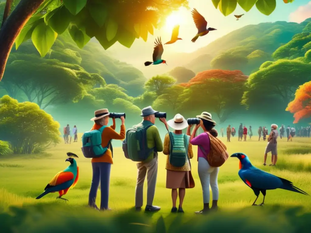 Viajeros disfrutando la naturaleza con aves exóticas Aves exóticas en hábitats naturales para viajeros maduros