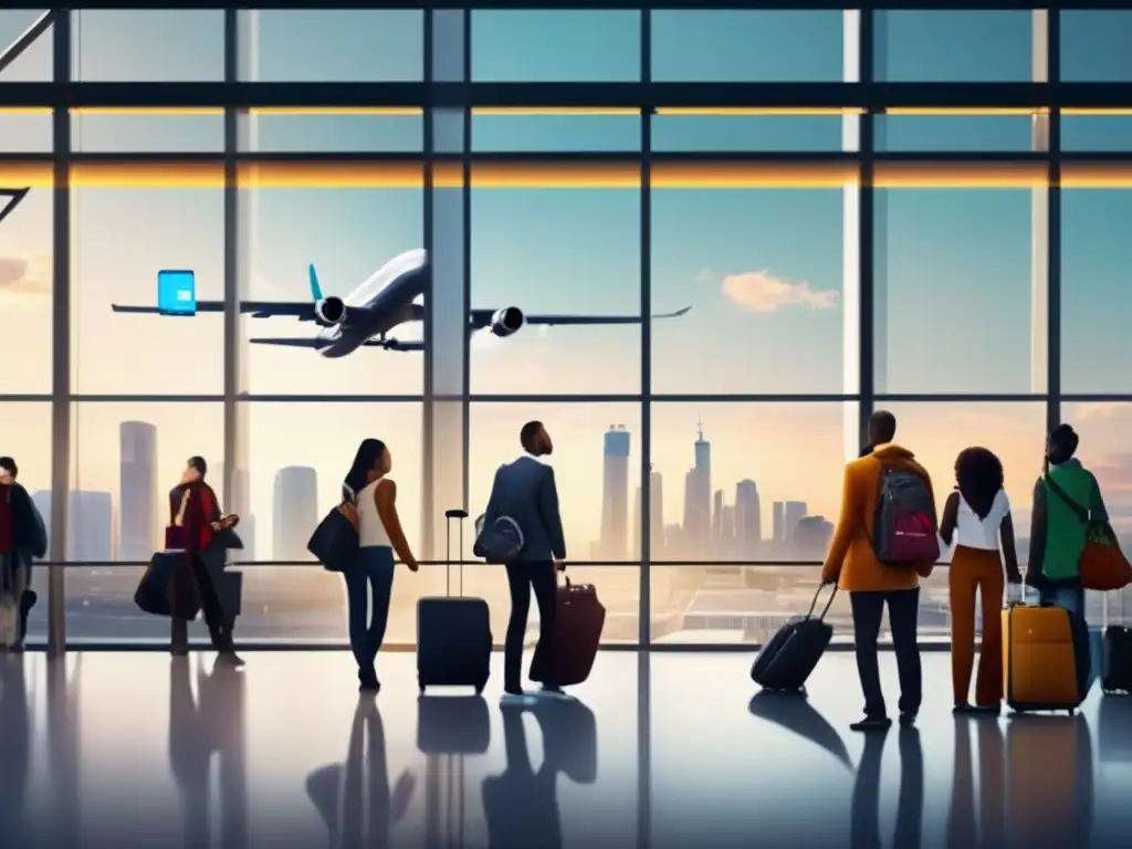 Viajeros preparados en aeropuerto moderno Grupo diverso de viajeros en aeropuerto moderno, preparación viaje médico emergencia