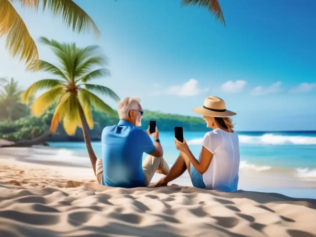 Pareja madura compartiendo experiencias seguras en redes sociales Seguridad en redes sociales para viajeros maduros: pareja disfrutando en la playa, rodeados de una barrera digital