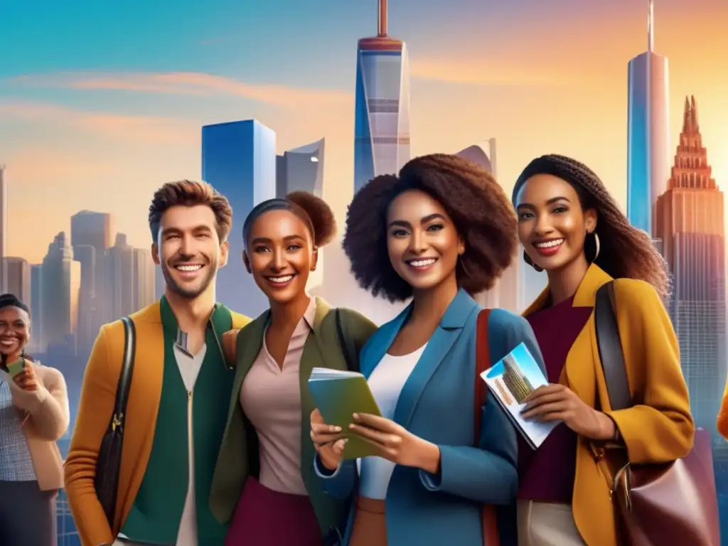 Viajeros felices y seguros en ciudad vibrante Gestionar visados de viaje sin preocupaciones: grupo diverso de viajeros sonrientes en una vibrante ciudad con rascacielos y calles llenas de vida