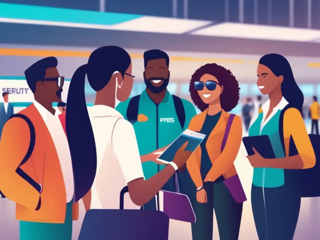 Viajeros seguros en aeropuerto Consejos para proteger documentos de viaje: grupo diverso de viajeros en aeropuerto moderno con escáner de seguridad avanzado y personal amigable