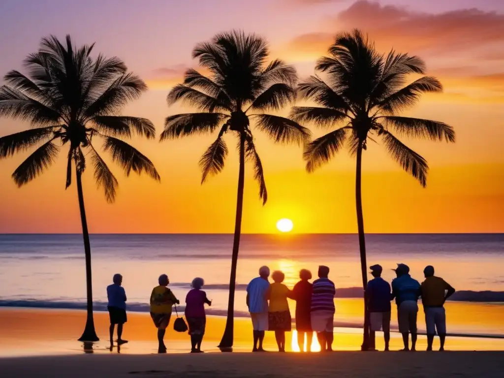 Grupo de viajeros mayores disfrutando de un atardecer en la playa Experiencias de viajes senior enriquecedoras en una playa tropical con un hermoso atardecer y viajeros felices