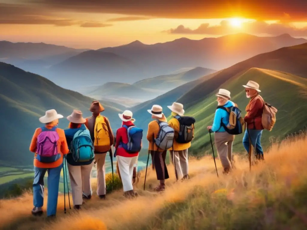Aventura de viaje segura para adultos mayores Grupo de mayores disfrutando de un hermoso paisaje al atardecer