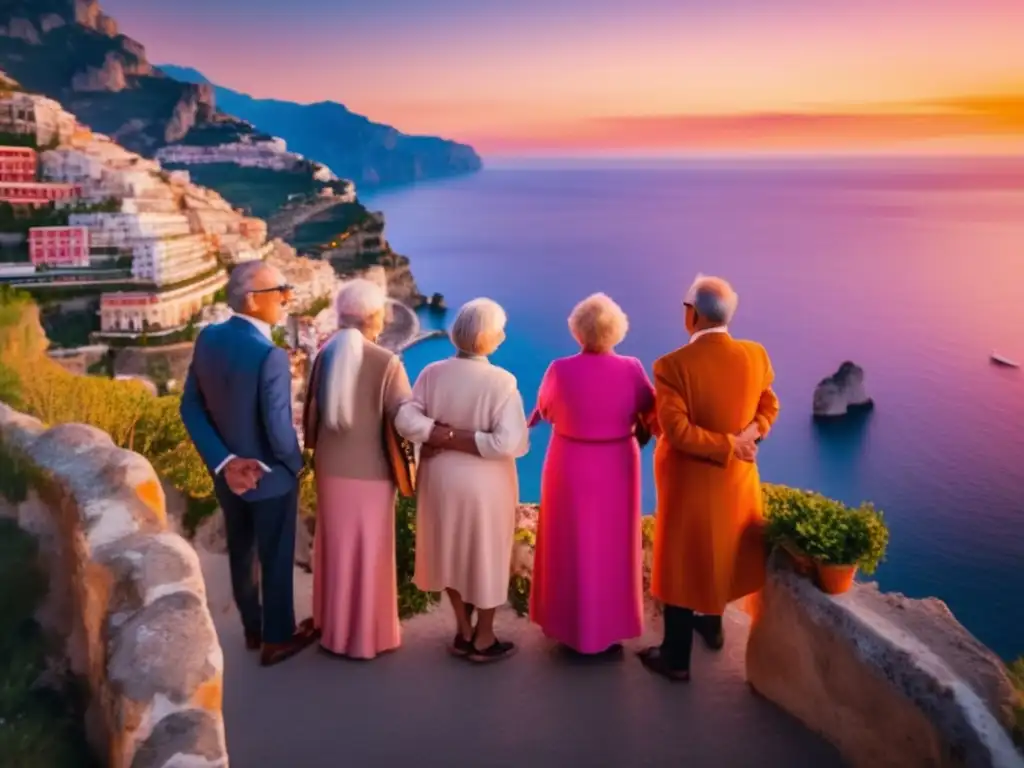 Grupo de viajeros mayores disfrutando del atardecer en la Costa Amalfitana Experiencias de viajes senior enriquecedoras en la costa Amalfi