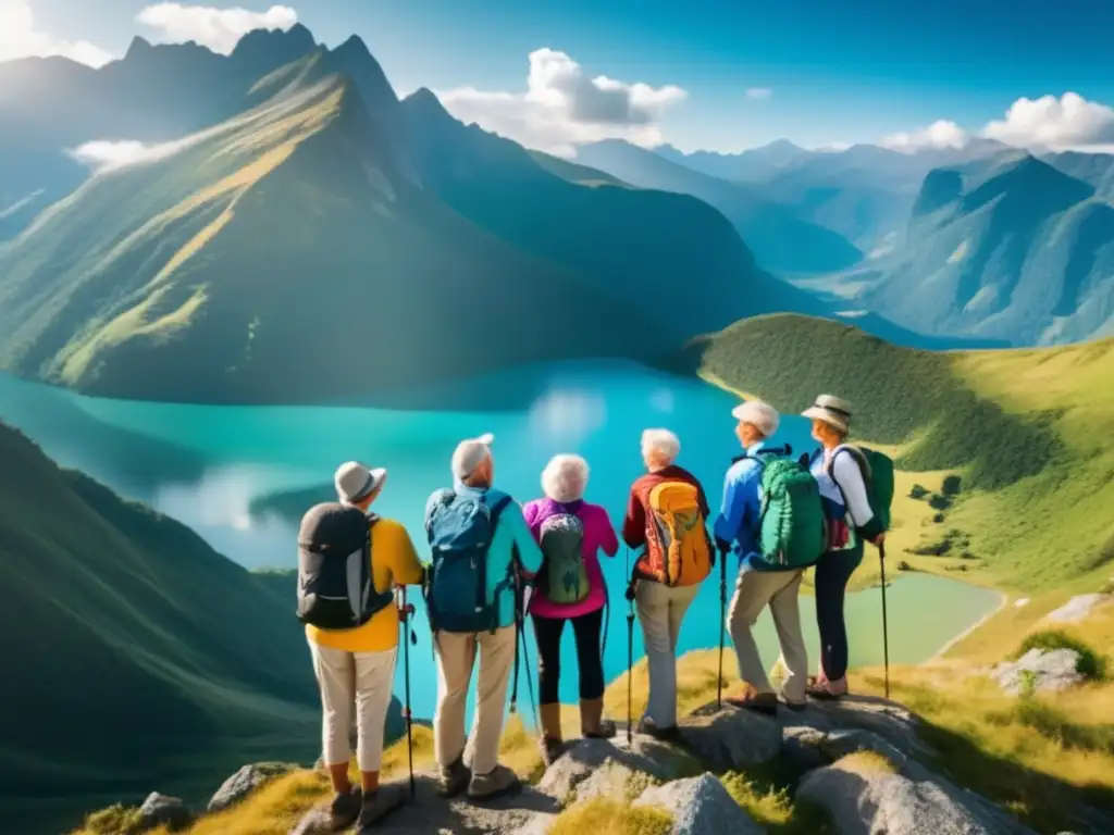 Seniors disfrutando impresionante paisaje montañoso Preparación viajes senior aventuras naturales: Grupo de viajeros mayores en impresionante paisaje montañoso