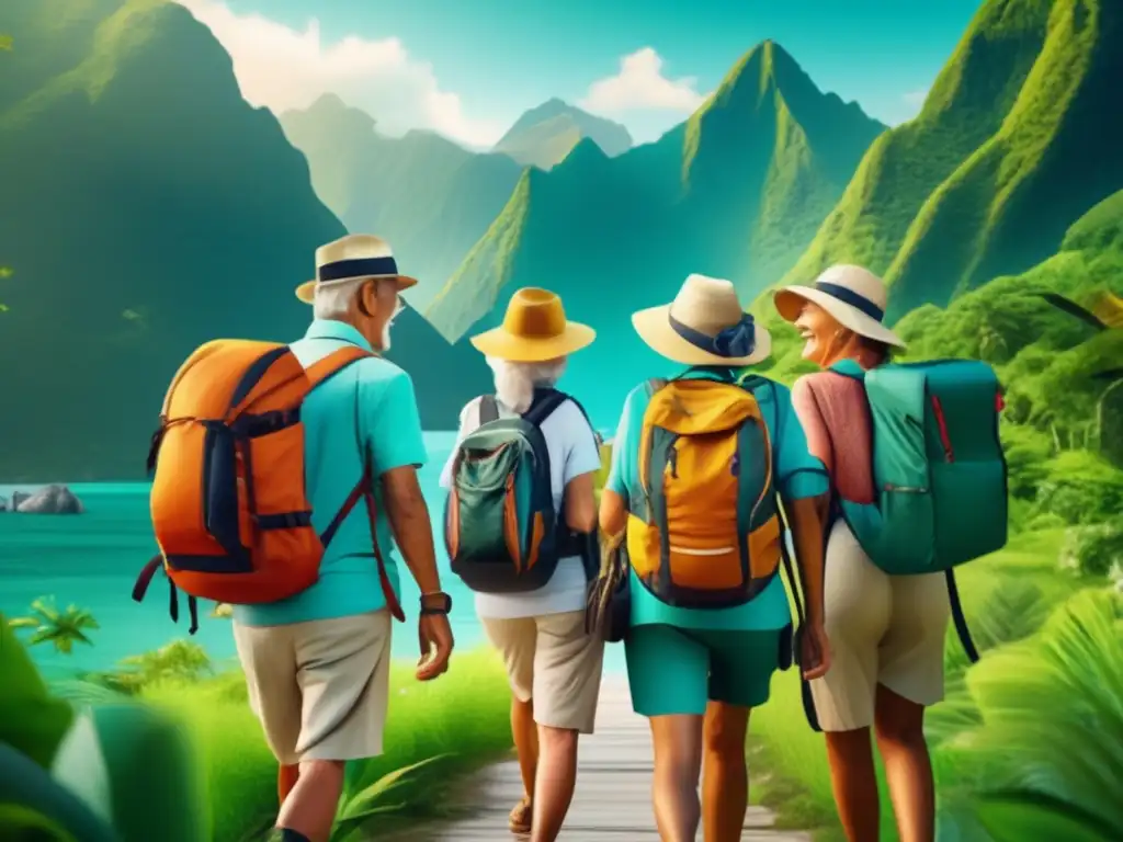 Felices viajeros explorando destino vibrante y exótico Grupo de viajeros seniors felices explorando un destino exótico y vibrante
