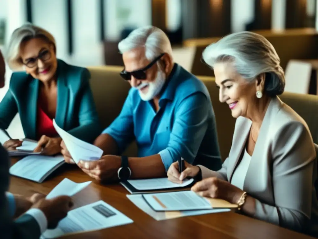 Grupo de viajeros seniors revisando documentación y visados para un viaje emocionante