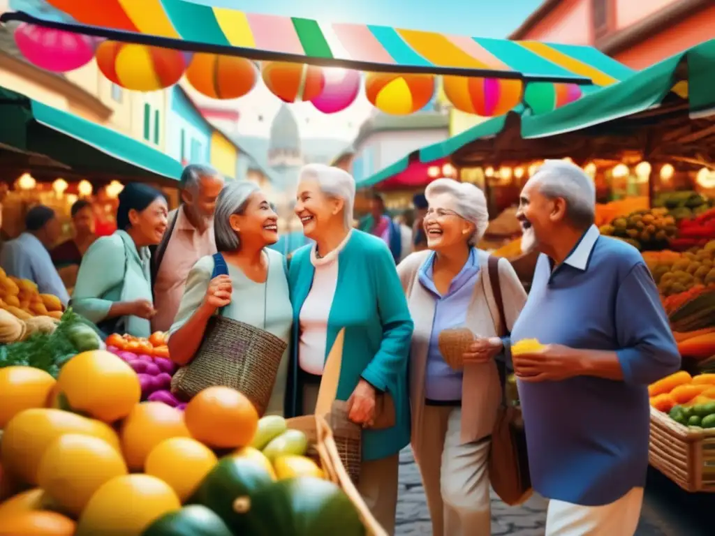 Alegres seniors explorando un mercado local colorido Grupo de alegres viajeros de tercera edad explorando un animado mercado local - Beneficios viajar solo tercera edad