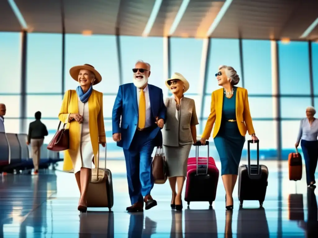 Tres seniors elegantes y emocionados en un aeropuerto internacional vibrante, mostrando visados y documentos de viaje