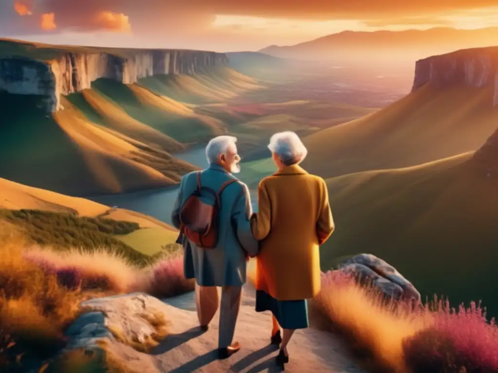 Pareja de ancianos disfrutando de un paisaje asombroso, simbolizando la importancia de los visados de viaje para seniors