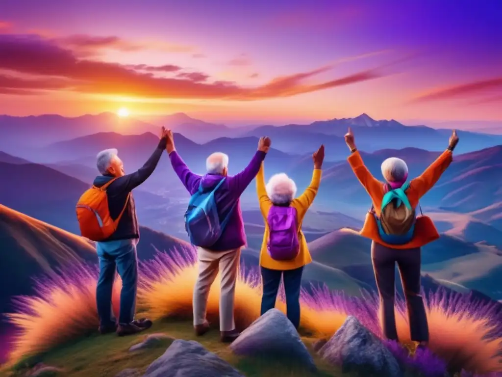 Aventureros mayores disfrutando un atardecer épico Historias inspiradoras de viajeros seniors superando adversidades