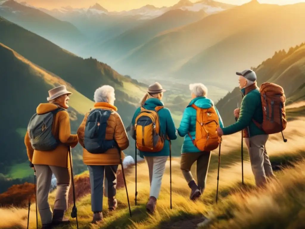 Grupo de viajeros senior disfrutando la naturaleza Experiencias de viajes senior en destinos naturales: grupo de viajeros mayores en una montaña con paisajes impresionantes