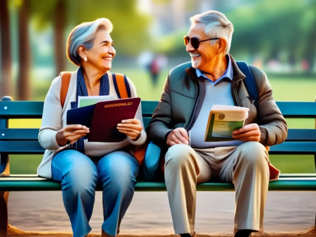 Pareja de mayores lista para viajar en un parque Pareja senior sonriendo en el parque, con documentos y mochila