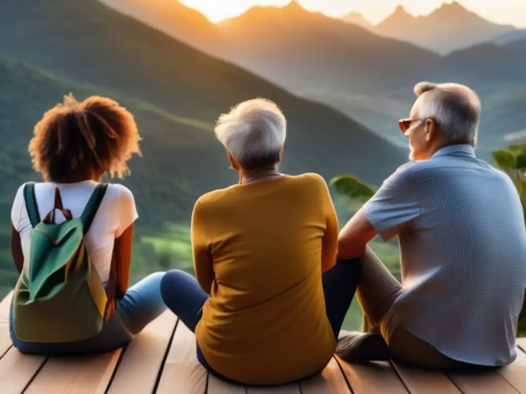 Viajeros sostenibles disfrutan experiencia diversa Viajeros maduros disfrutan beneficios del turismo sostenible en paisaje montañoso y cultural