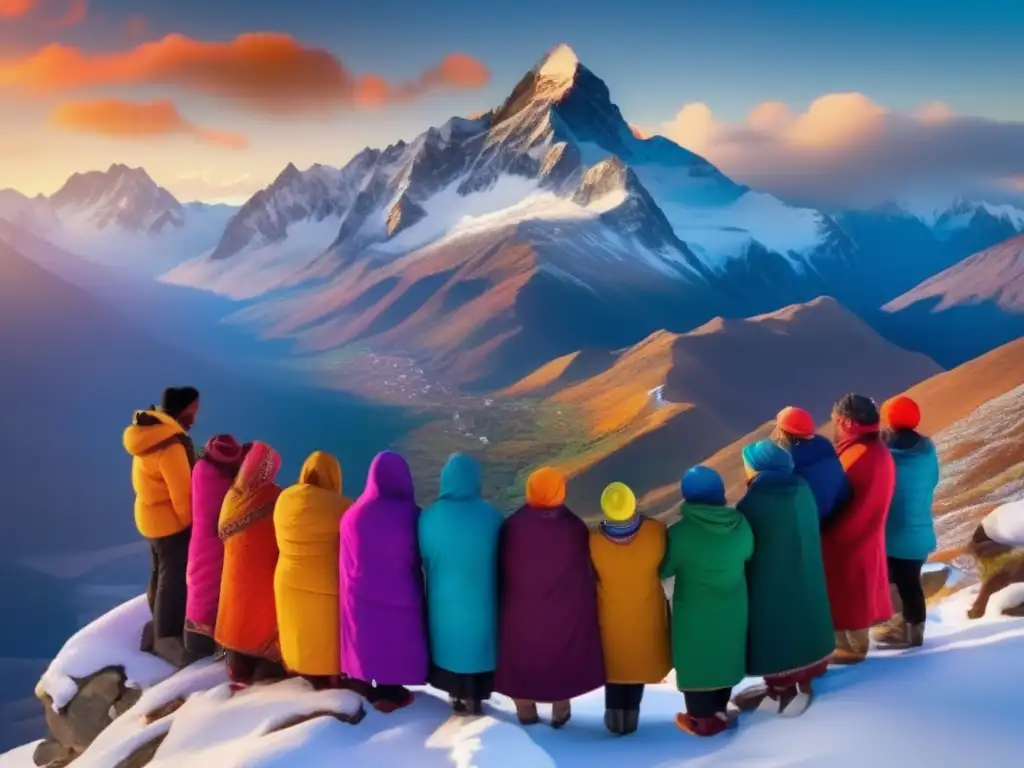 Diversos viajeros unidos en cima montañosa Grupo diverso disfrutando ventajas y desventajas de viajar juntos en montaña (110 caracteres)