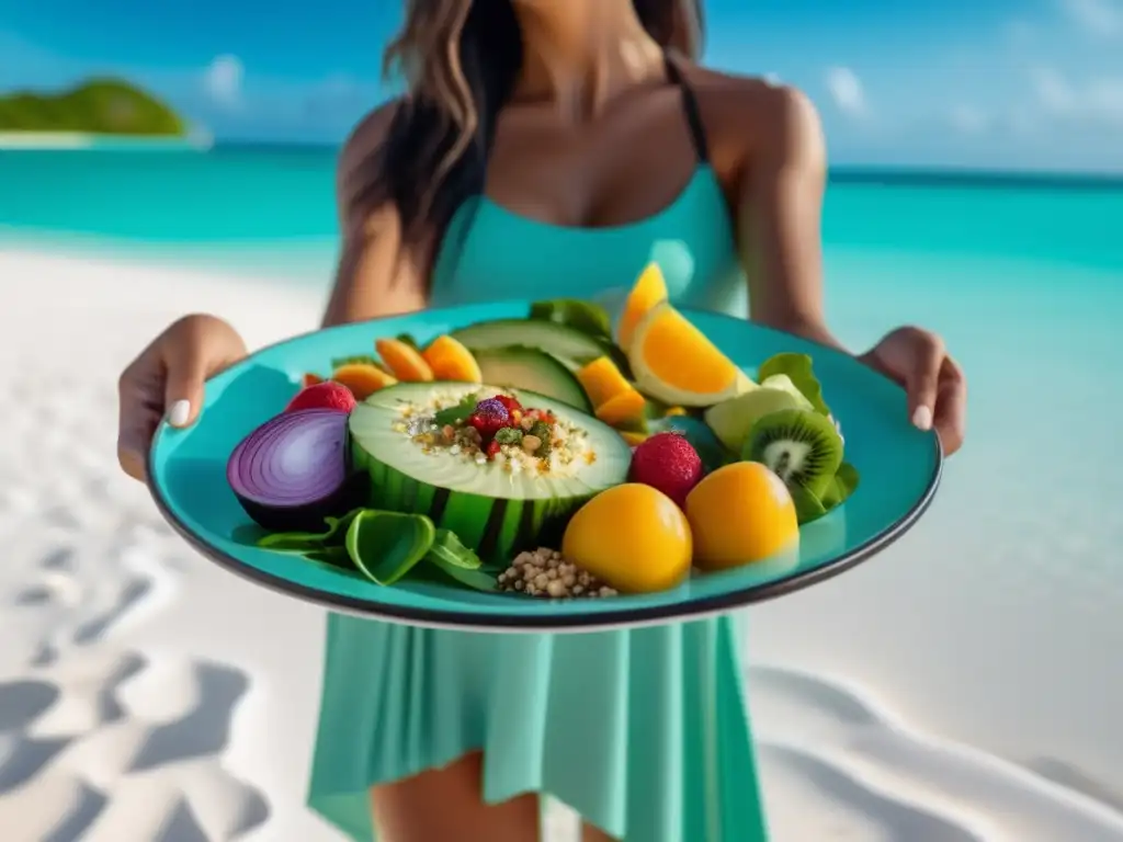 Viajero disfrutando dieta baja en carbohidratos Un viajero disfruta una dieta baja en carbohidratos mientras contempla una playa paradisíaca