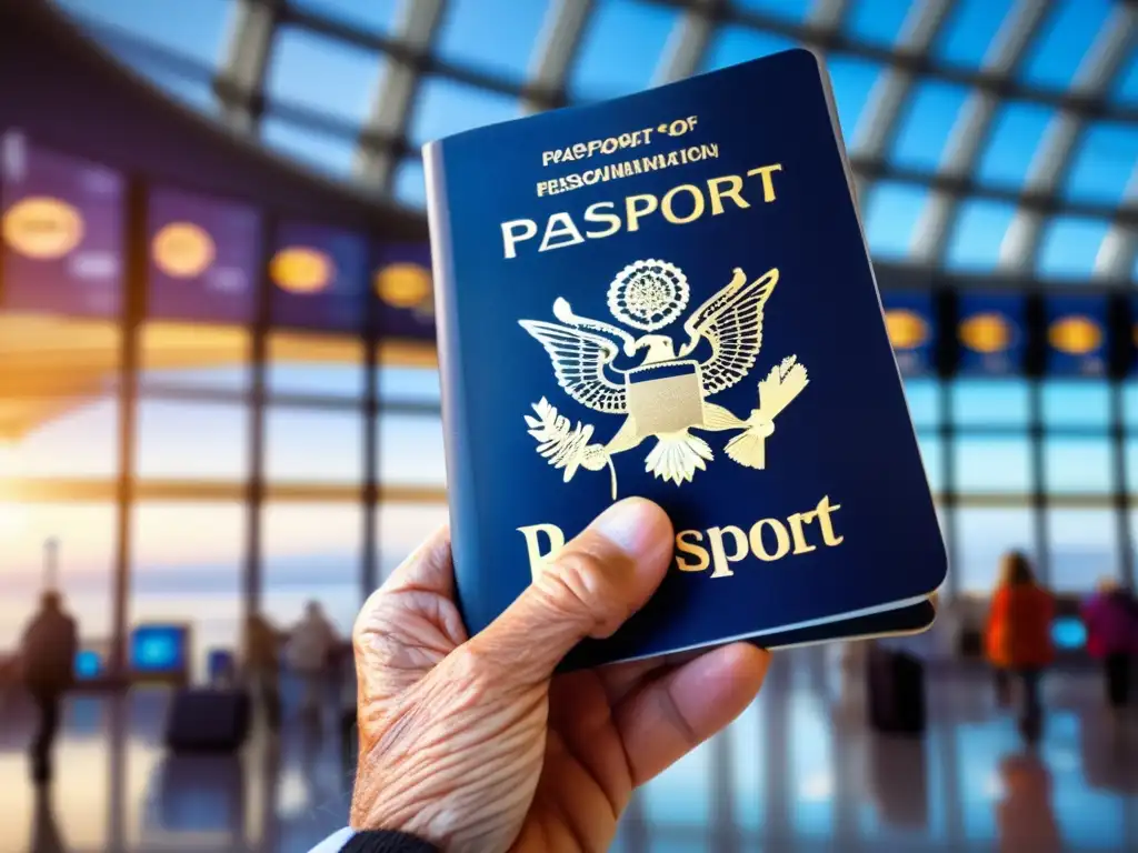 Viajero senior con pasaporte lleno de sellos Documentos necesarios viajero senior en aeropuerto moderno con pasaporte y sellos de viaje