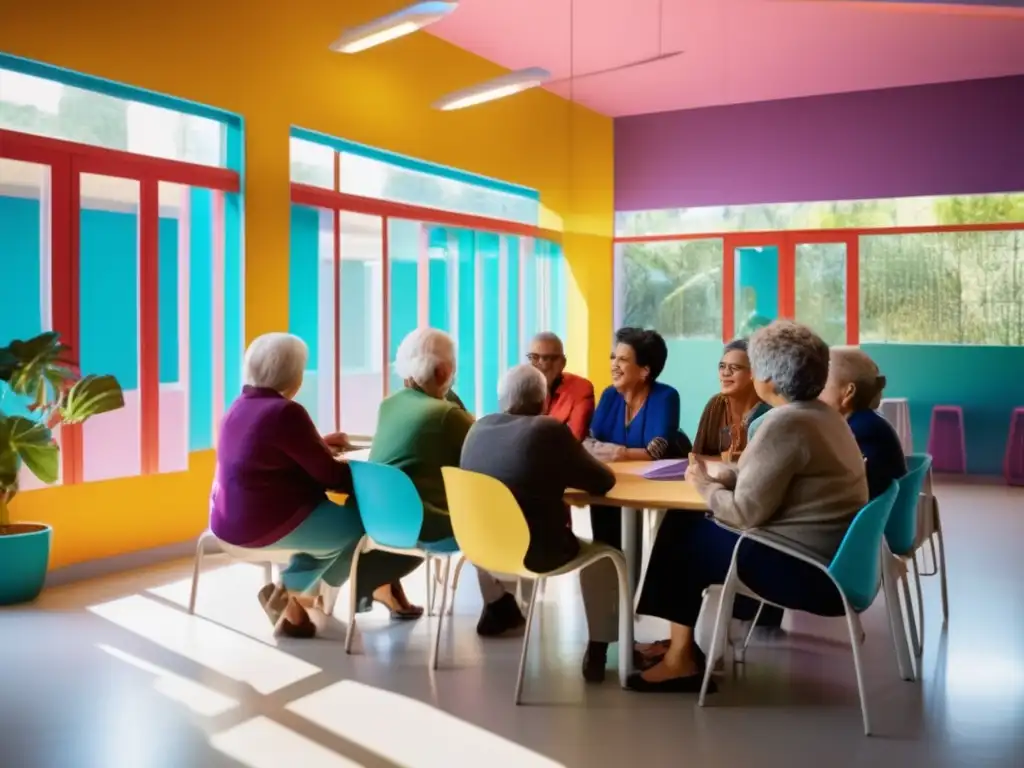 Aula de idiomas vibrante para adultos mayores Consejos para viajes lingüísticos adultos mayores: Grupo de adultos mayores aprendiendo idiomas en un aula vibrante y acogedora