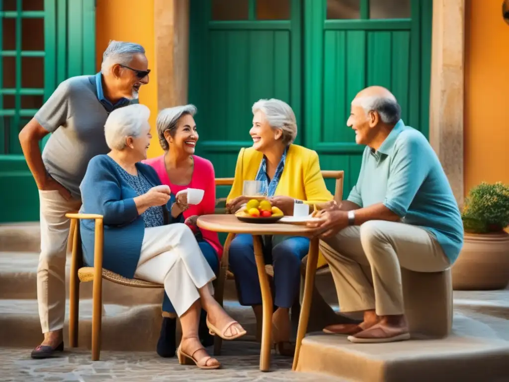 Adultos mayores aprendiendo idiomas en una ciudad extranjera Viajes lingüísticos para adultos mayores enriquecedores en ciudad extranjera con grupo animado en café al aire libre