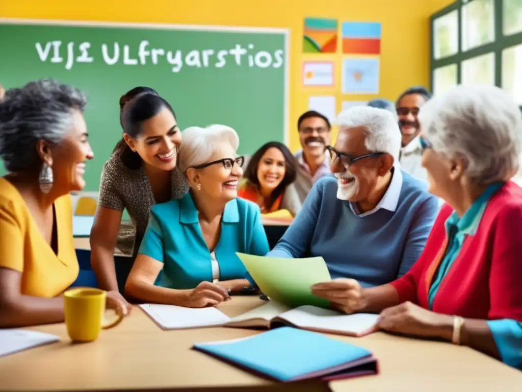 Aprendizaje de idiomas para adultos mayores Adultos mayores aprendiendo idiomas en aula moderna: Beneficios de viajes lingüísticos para adultos mayores
