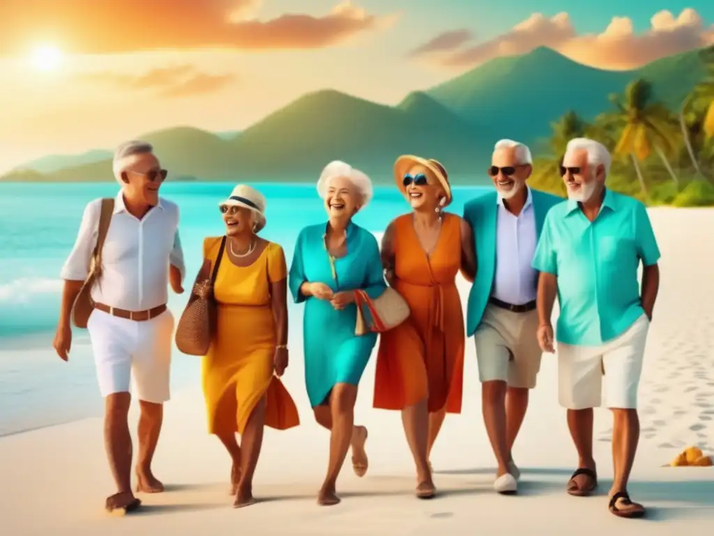 Alegres seniors listos para viajar Seniors felices en paisaje pintoresco, listos para aventura de viaje - Seguro de viaje para seniors