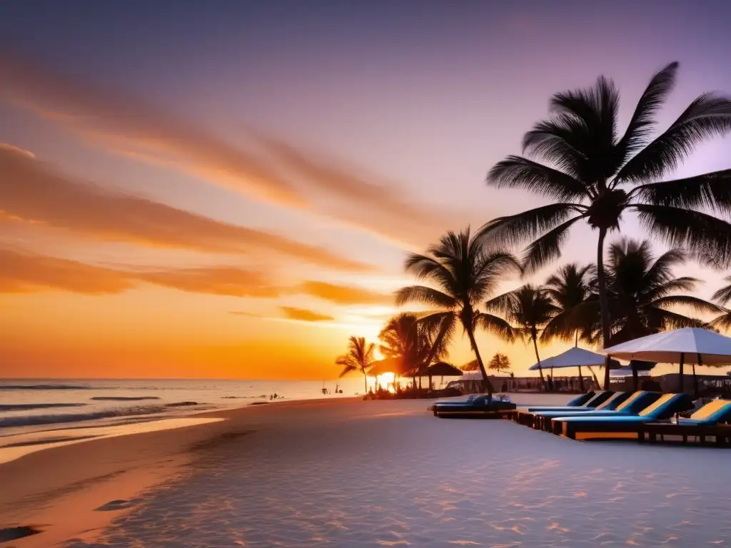 Atardecer vibrante en la playa con palmeras y actividades Un hermoso atardecer en la playa: arena blanca, palmeras, actividades de viajeros maduros y la clave 'Cultivar mentalidad positiva viajar madurez'