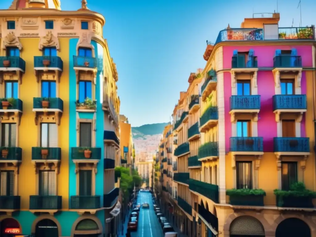 Barcelona: Calles vibrantes y coloridas Barcelona, España: Calle vibrante con edificios coloridos, balcones intricados, arte callejero y energía única