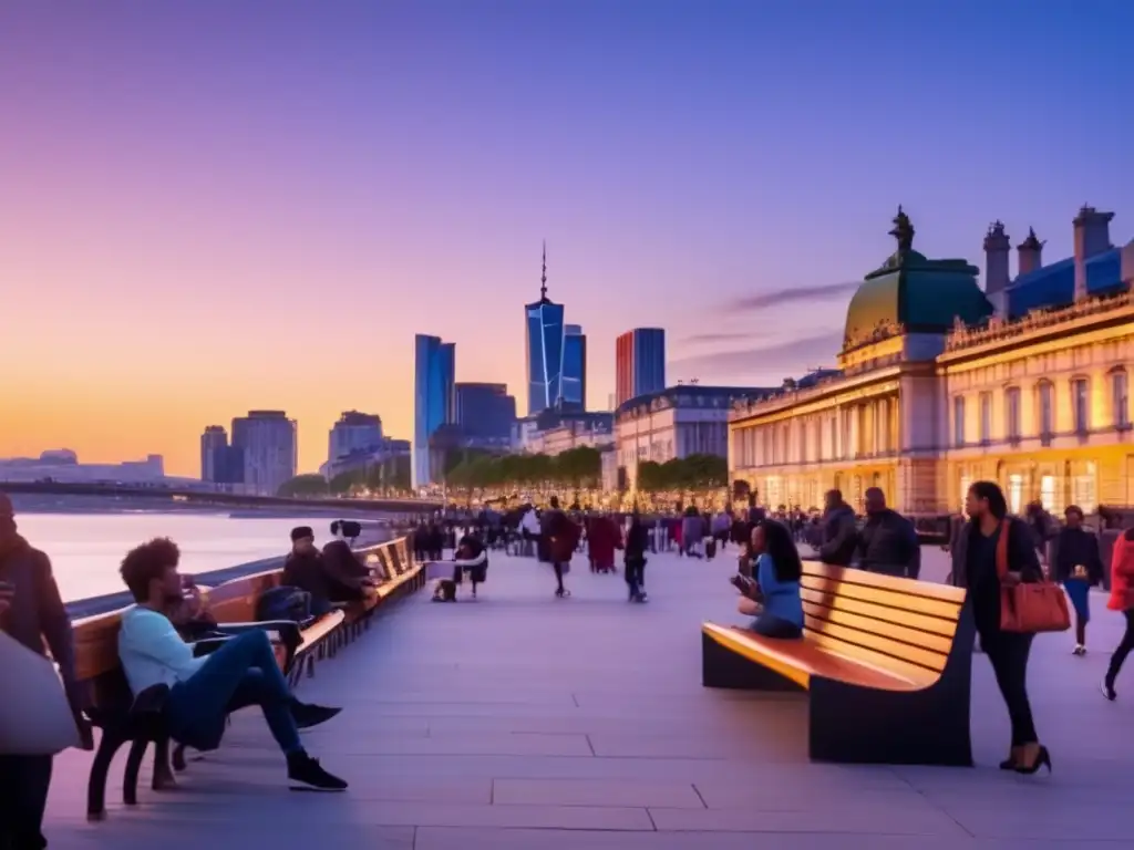 Ciudad vibrante y animada al anochecer Ciudad animada al atardecer con amigos, promoviendo 'Estrategias para combatir la soledad'