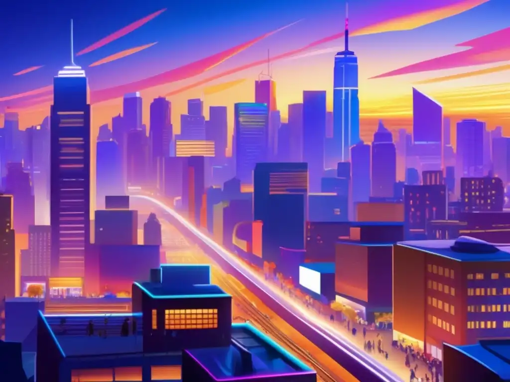Ciudad vibrante al atardecer: seguridad y aventura Vibrante ciudad al anochecer, segura y llena de vida