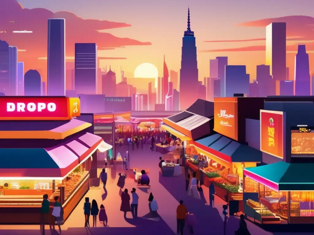 Ciudad vibrante al atardecer con mercado de comida Consejos para una dieta baja en sodio durante los viajes: Ciudad moderna, vibrante y nutritiva al atardecer
