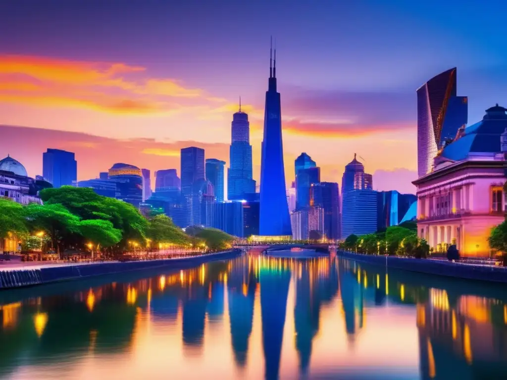 Ciudad en la puesta del sol, vibrante y llena de posibilidades Ciudad al atardecer, con colores vibrantes y río sereno