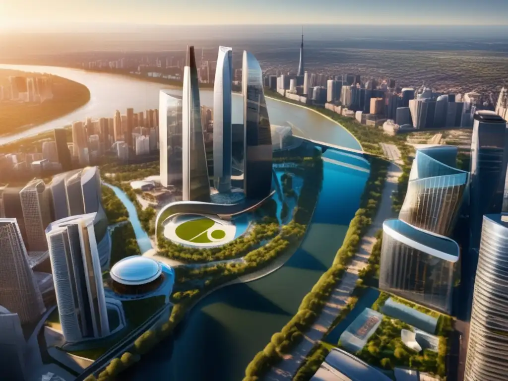 Vibrante ciudad con río y arquitectura moderna Ciudad vibrante con rascacielos, calles animadas, río hermoso y arquitectura moderna