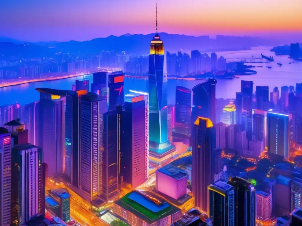 Ciudad vibrante al atardecer Consejos para viajeros maduros: Ciudad vibrante al anochecer con rascacielos iluminados, gente y señales luminosas