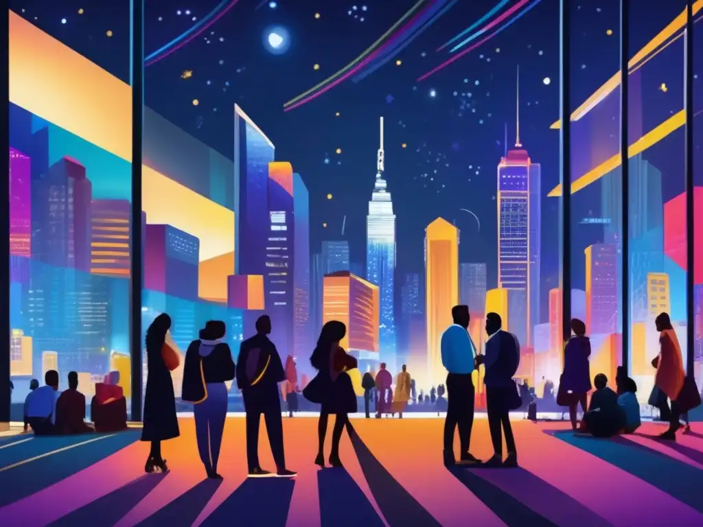 Ciudad vibrante de noche: rascacielos iluminados, cielo estrellado, gente explorando lugares culturales y galerías de arte