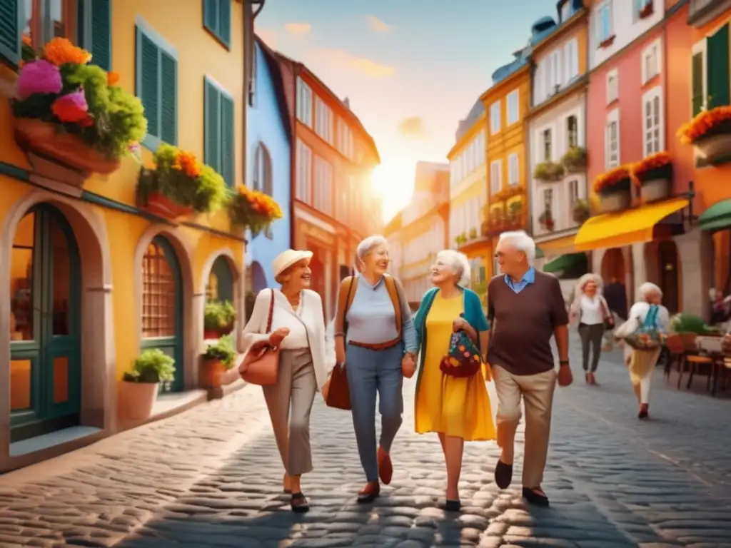 Alegres adultos mayores explorando una ciudad europea encantadora Viajes para adultos mayores explorando una ciudad europea vibrante