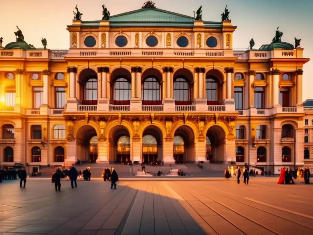 Majestuosidad de la Ópera de Viena al atardecer Experiencia cultural ópera Viena seniors: Entrada majestuosa a la Ópera Estatal de Viena, con elegantes seniors emocionados