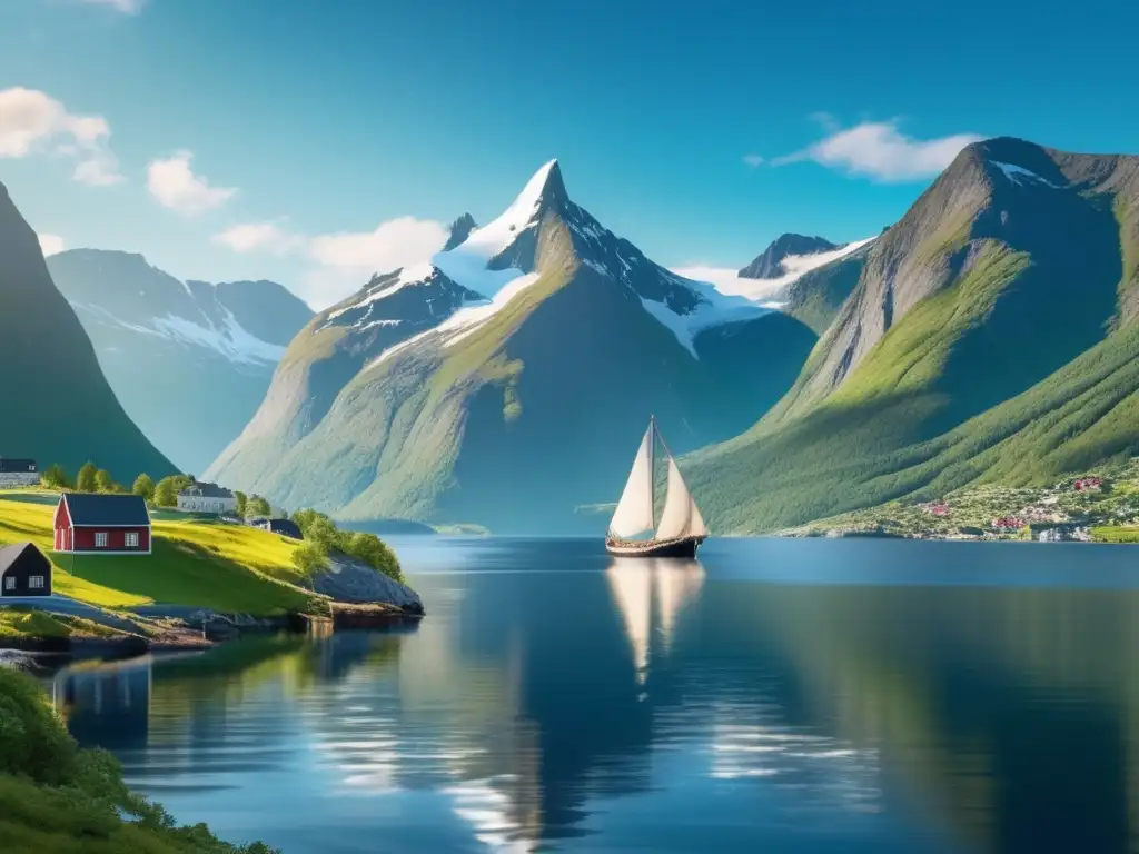 Paisaje noruego: Fjord, montañas y barco vikingo Rutas ancestrales para viajeros senior en paisaje noruego con fiordos, montañas y barco vikingo