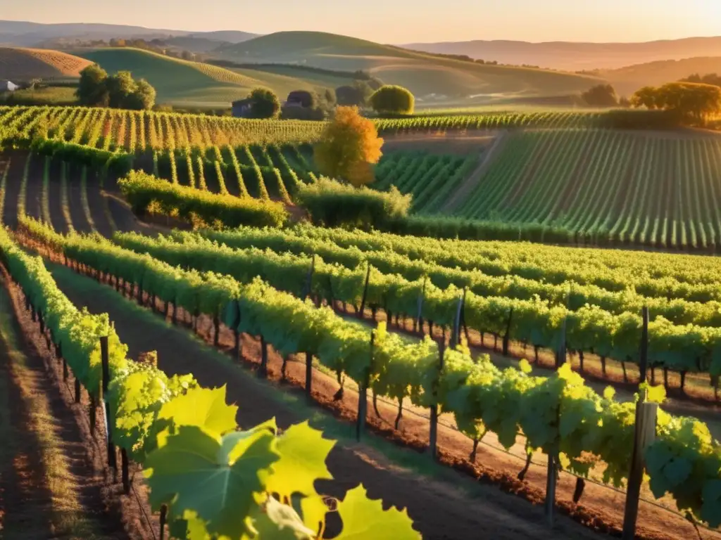 Paisaje de viñedo sereno con mesa de picnic y vinos Paisaje de viñedo sereno al atardecer, con mesa rústica, quesos y vinos