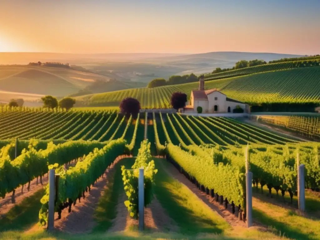 Viñedo tranquilo en Francia Cata de vino para viajeros seniors en Francia: viñedo sereno en campo francés con sol poniente, uvas maduras, hermosas colinas y parejas paseando