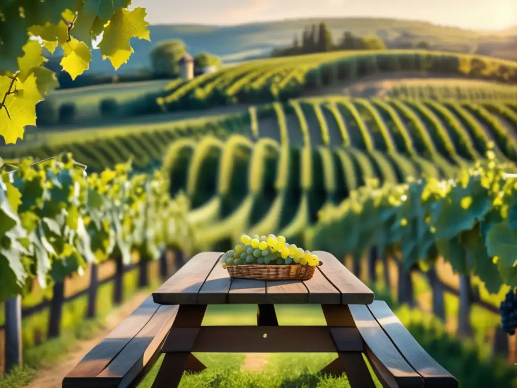 Rutas vinícolas ecológicas para mayores: Imagen de viñedo idílico con mesa de picnic y productos orgánicos