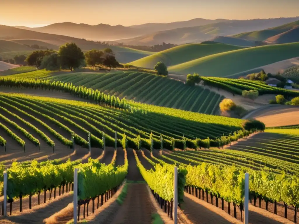 Sereno viñedo californiano en 8k Rutas vinícolas seguras para viajeros mayores en California, con viñedos, colinas, luz dorada y bodegas