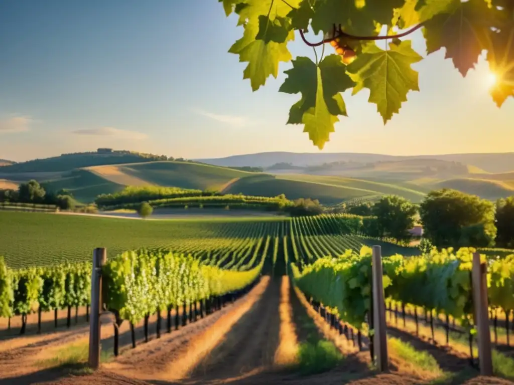 Rutas vinícolas ecológicas para mayores: Un paisaje de viñedos serenos en colinas, con una bodega moderna y viajeros disfrutando la tranquilidad