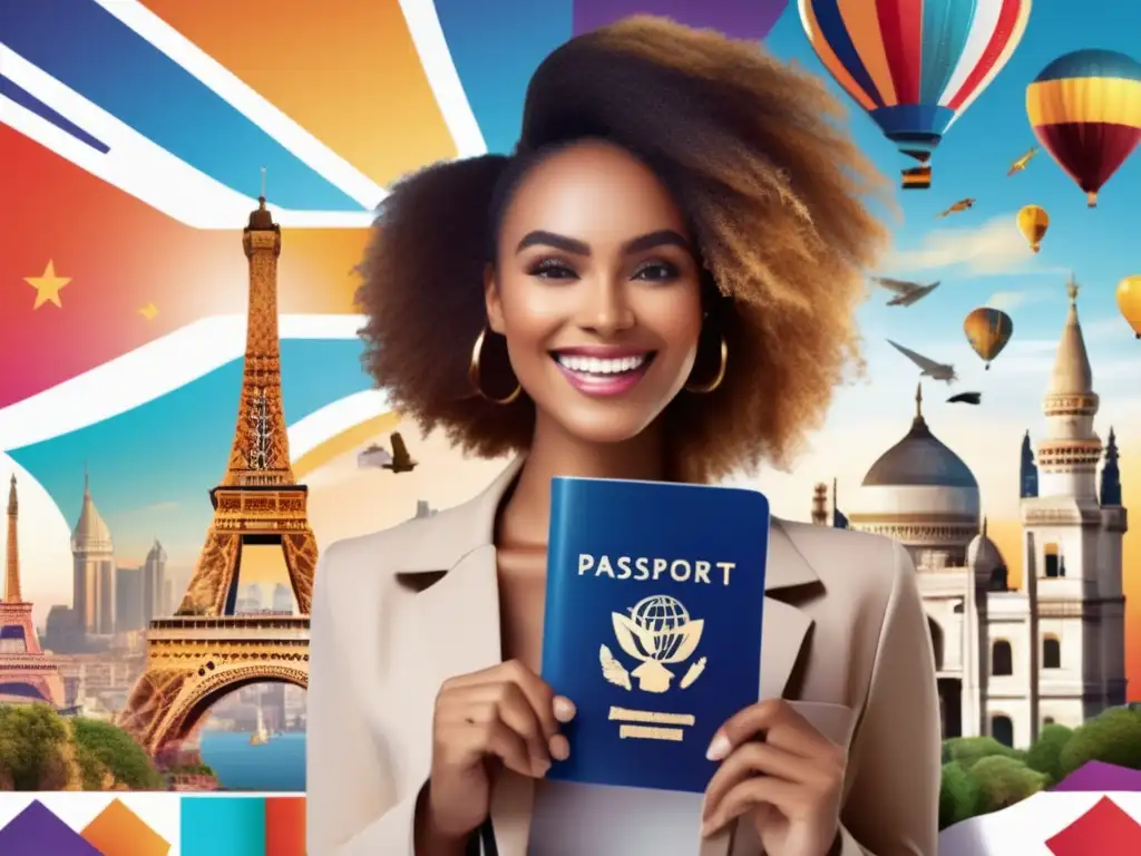 Agilidad en solicitud de visa Solicitud de visados rápida y sencilla con sonriente persona y paisajes coloridos